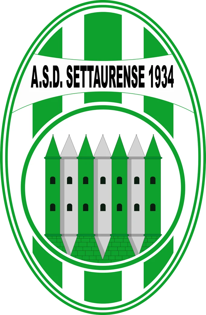 Stemma dell’A.S.D. Settaurense 1934: sette torri su campo a strisce bianche e verdi